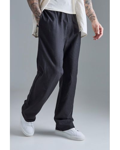 BoohooMAN Tall Elasticated Waist Relaxed Linen Trouser In Black