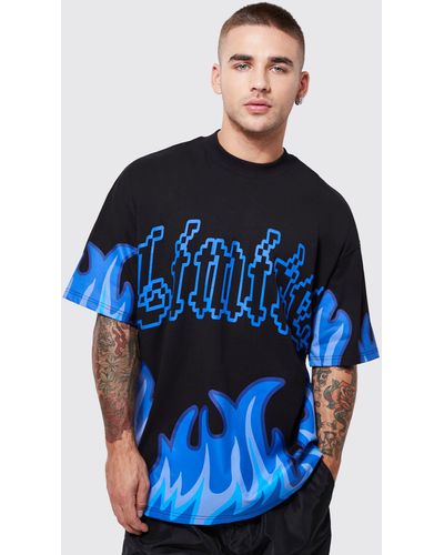 BoohooMAN Oversized Flames Graphic T-shirt - Blue