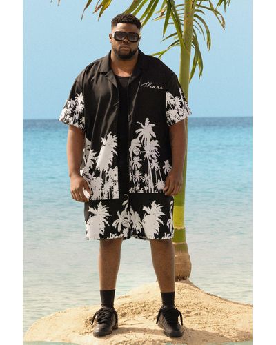 BoohooMAN Plus Soft Twill Palm Hem Oversized Boxy Shirt & Short Set - Black