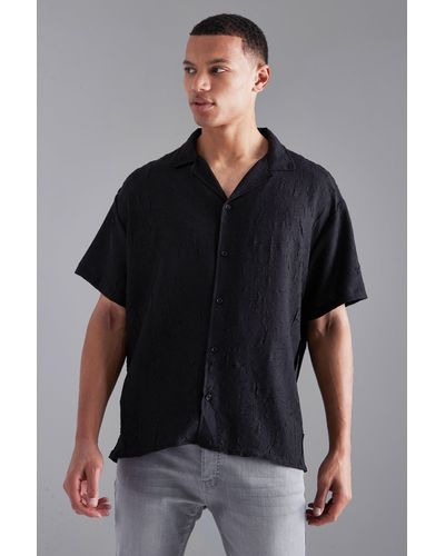 BoohooMAN Tall Short Sleeve Boxy Revere Crinkle Shirt - Black
