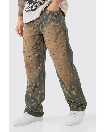 BoohooMAN Relaxed Rigid All Over Distressed Jeans In Vintage Blue - Green