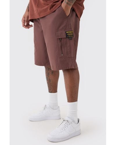 Boohoo Plus Fixed Waist Twill Relaxed Cargo Zip Detail Tab Short - Brown