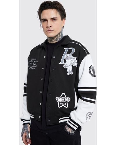 BoohooMAN Kastige Jersey Harrington-Jacke mit 13-Applikation - Grau