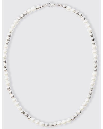 BoohooMAN Metal Bead And Pearl Necklace - Weiß