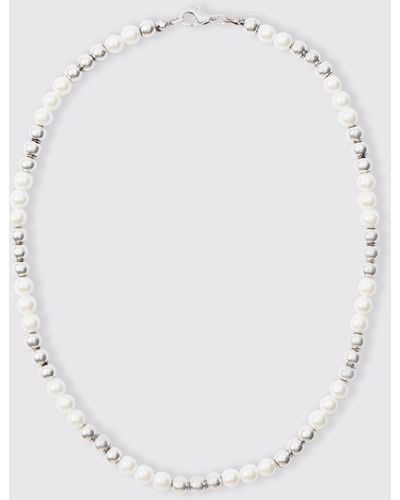 BoohooMAN Metal Bead And Pearl Necklace - White
