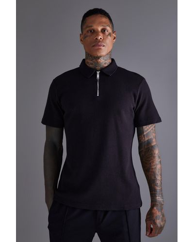 BoohooMAN Slim Fit Waffle 1/4 Zip Polo - Blue