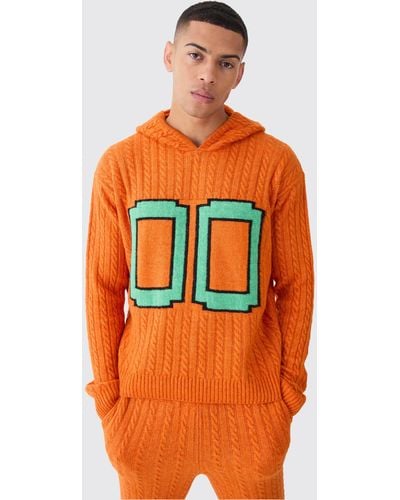 BoohooMAN Boxy 00 Brushed Cable Knitted Hoodie - Orange