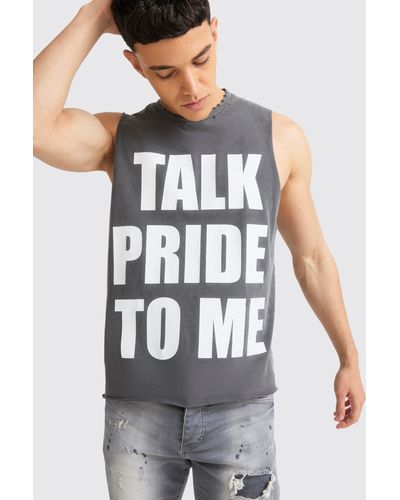 BoohooMAN Boxy Talk Pride To Me Distressed Tank - White