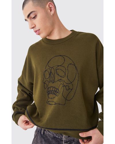 BoohooMAN Oversized Boxy Line Drawing Contrast Stitch Sweater - Green