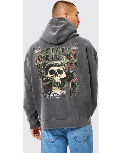 BoohooMAN Oversized Washed Skull Graphic Hoodie - Grey