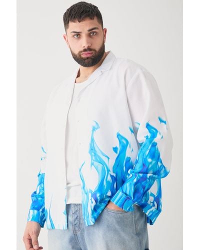 BoohooMAN Plus Longsleeve Drop Revere Slub Flame Print Shirt - Blue