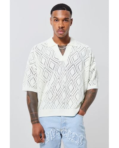 BoohooMAN Short Sleeve Boxy Fit Revere Open Knit Polo - White