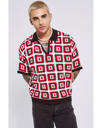 BoohooMAN Short Sleeve Boxy Fit Revere Crochet Polo - Red