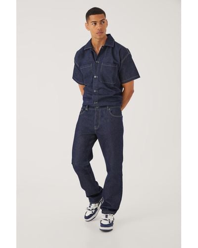 BoohooMAN Relaxed Fit Denim Jumpsuit - Blue
