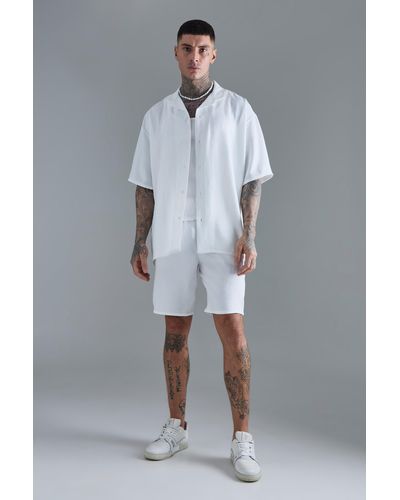 BoohooMAN Tall Short Sleeve Oversized Linen Shirt & Short Set In White - Grey