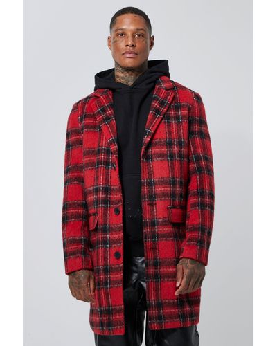 BoohooMAN Wool Look Check Single Breasted Overcoat - Red