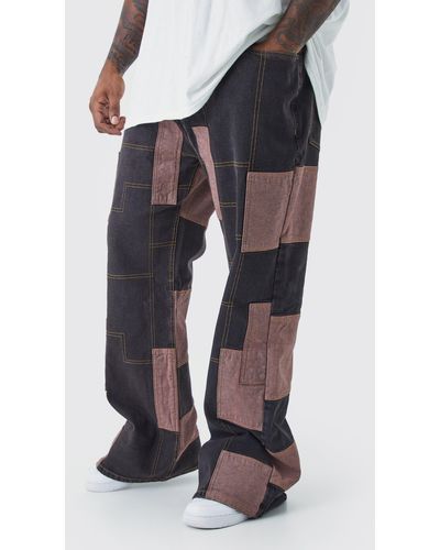 BoohooMAN Plus Relaxed Rigid Flare Patchwork Jeans - Brown