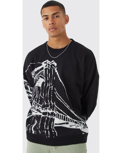 BoohooMAN Oversized Drop Shoulder Line Graphic Sweater - Black