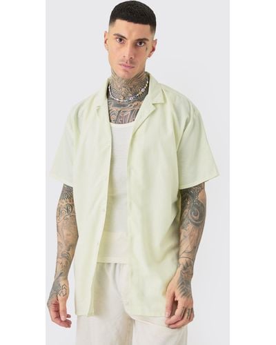 BoohooMAN Tall Linen Oversized Revere Shirt In Green - Natural