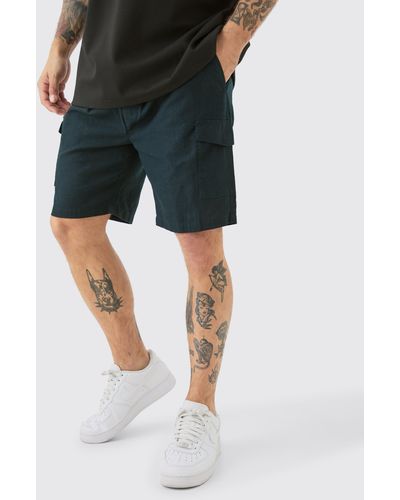 BoohooMAN Linen Elastic Waist Cargo Shorts - Black