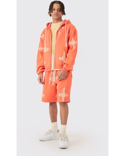 BoohooMAN Oversized Boxy Zip Through Cross Printed Hoodie & Shorts - Orange