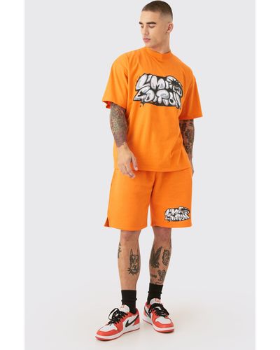 BoohooMAN Oversized Extended Neck Limited Edition Graffiti Tracksuit - Orange