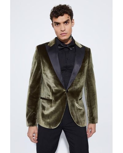 BoohooMAN Slim Fit Contrast Lapel Velvet Suit Jacket - Brown