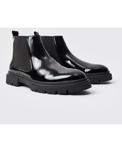 BoohooMAN Patent Chelsea Boots With Track Sole - Black