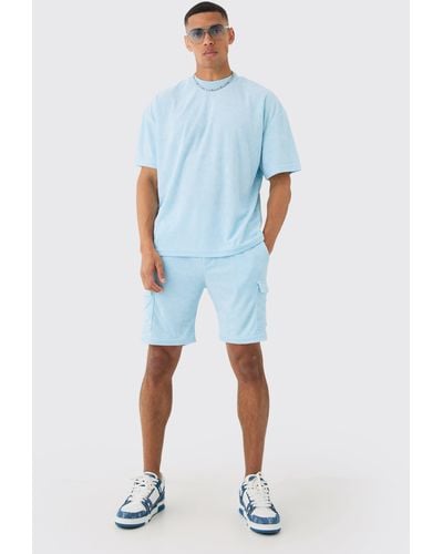 BoohooMAN Oversized Extended Neck Towelling T-shirt & Cargo Shorts - Blue