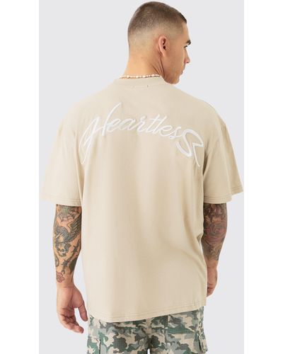 BoohooMAN Oversized Extended Neck Heavyweight Slogan T-shirt - Natural