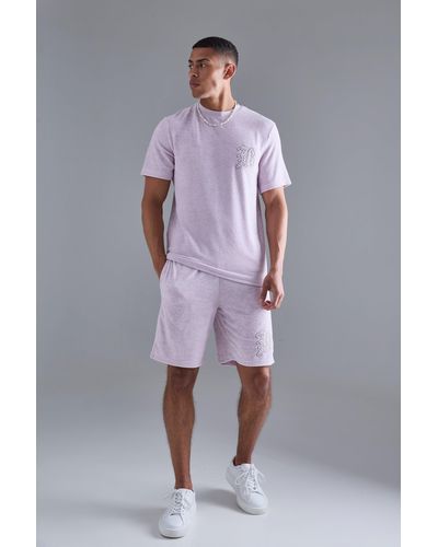 BoohooMAN Regular Towelling Pearl Embroidered T-shirt And Short Set - Purple