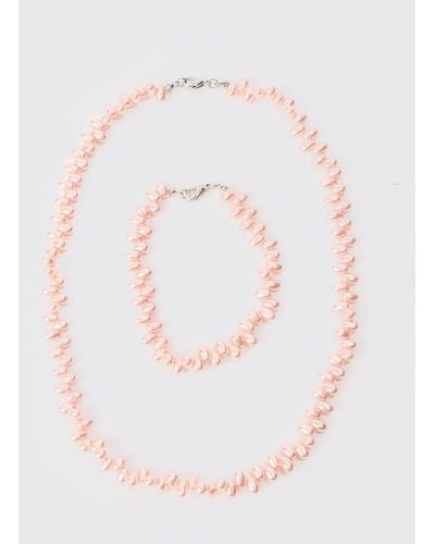 BoohooMAN Pearl Bead Necklace & Bracelet Set In Pink - White