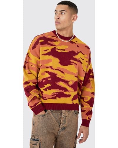 BoohooMAN Oversized Boxy Drop Shoulder Abstract Sweater - Orange