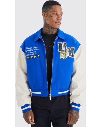 BoohooMAN Boxy Melton & Pu Collared Varsity Jacket - Blue