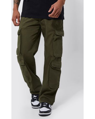 Boohoo Fixed Waist Relaxed Peached Twill 3d Cargo Pants - Green