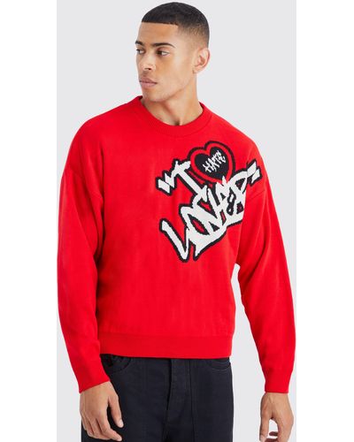 BoohooMAN Boxy Crew Neck Lover Knit Jumper - Red