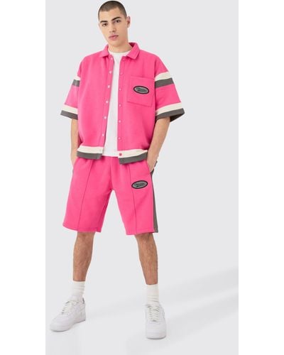BoohooMAN Boxy Fit Varsity Shirt Short Tracksuit - Pink