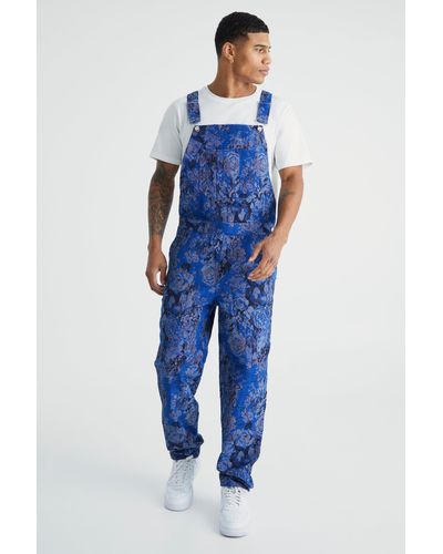 BoohooMAN Relaxed Distressed Tapestry Dungaree - Blue