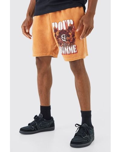 BoohooMAN Lockere Jersey-Shorts mit floralem Totenkopf-Print - Orange
