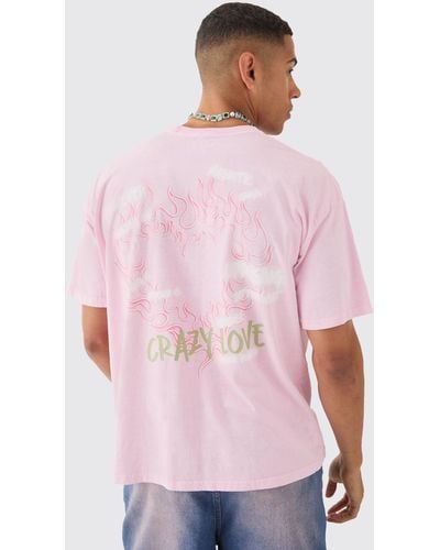 BoohooMAN Oversized Extended Neck Flame Heart Wash T-shirt - Pink