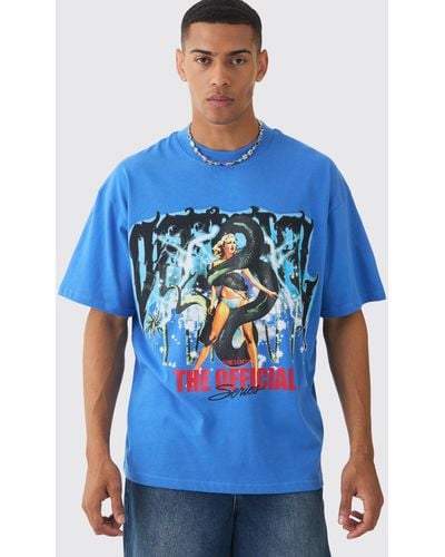 BoohooMAN Oversized Extended Neck Official Print T-shirt - Blau