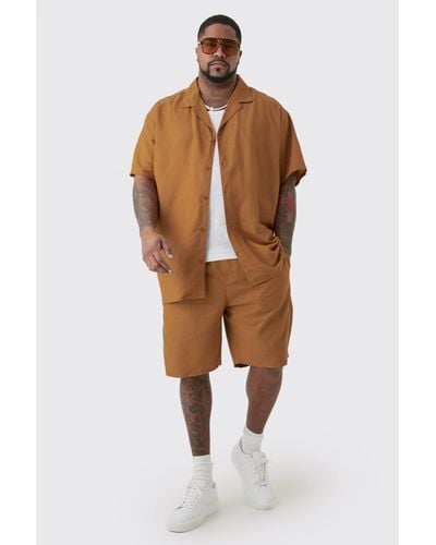 BoohooMAN Plus Oversized Linen Revere Shirt & Short Set In Brown - Orange