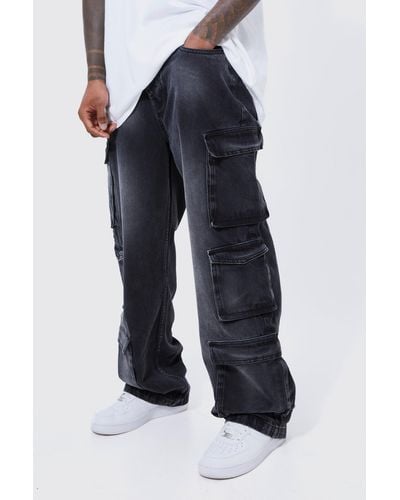 BoohooMAN Baggy Rigid Multi Pocket Cargo Bleached Jeans - Blue