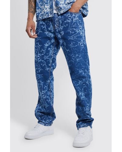 BoohooMAN Relaxed Baroque Laser Print Jeans - Blue