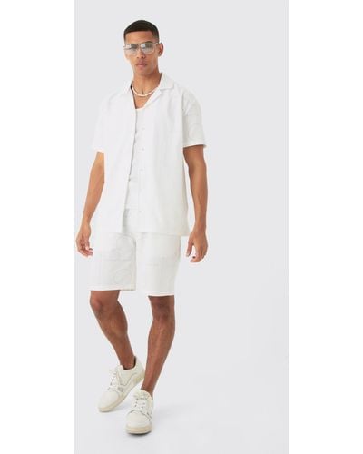 BoohooMAN Oversized Revere Stretch Broderie Shirt & Short Set - White
