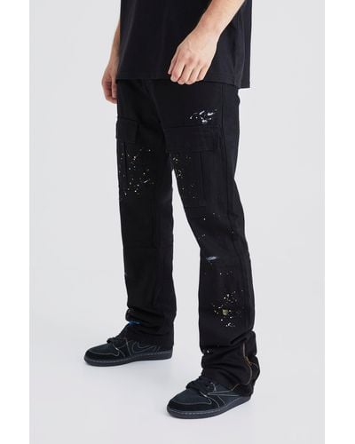 BoohooMAN Tall Slim Stacked Zip Flare Paint Splatter Cargo Trouser - Black
