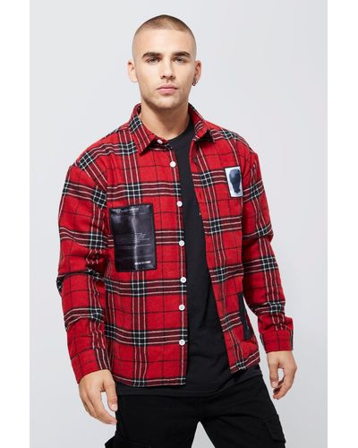 BoohooMAN Boxy Tartan Overshirt With Patchwork Applique - Red