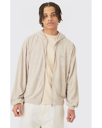 BoohooMAN Oversized Boxy Zip Towelling Limited Hoodie - Natur
