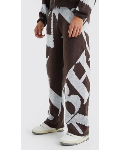 BoohooMAN Wide Leg Brushed Jacquard Knitted Sweatpants - Brown