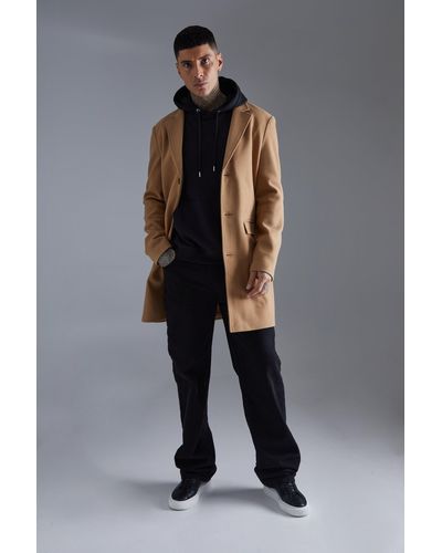 BoohooMAN Tall Single Breasted Wool Look Overcoat In Camel - Brown